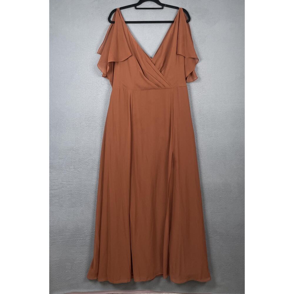Jenny Yoo Dress Womens 18 Orange Maxi V-Neck Flutter Sleeve Lined Chiffon Formal